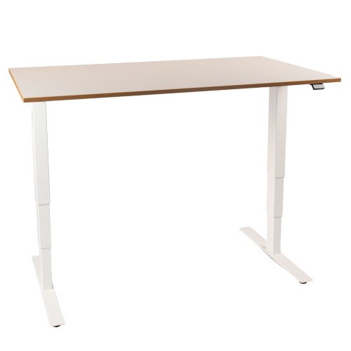 Steh-Sitz-Tisch Ergoby, Gestell Weiß, Tischplatte Laminat weiß mit Multiplex-Umleimer